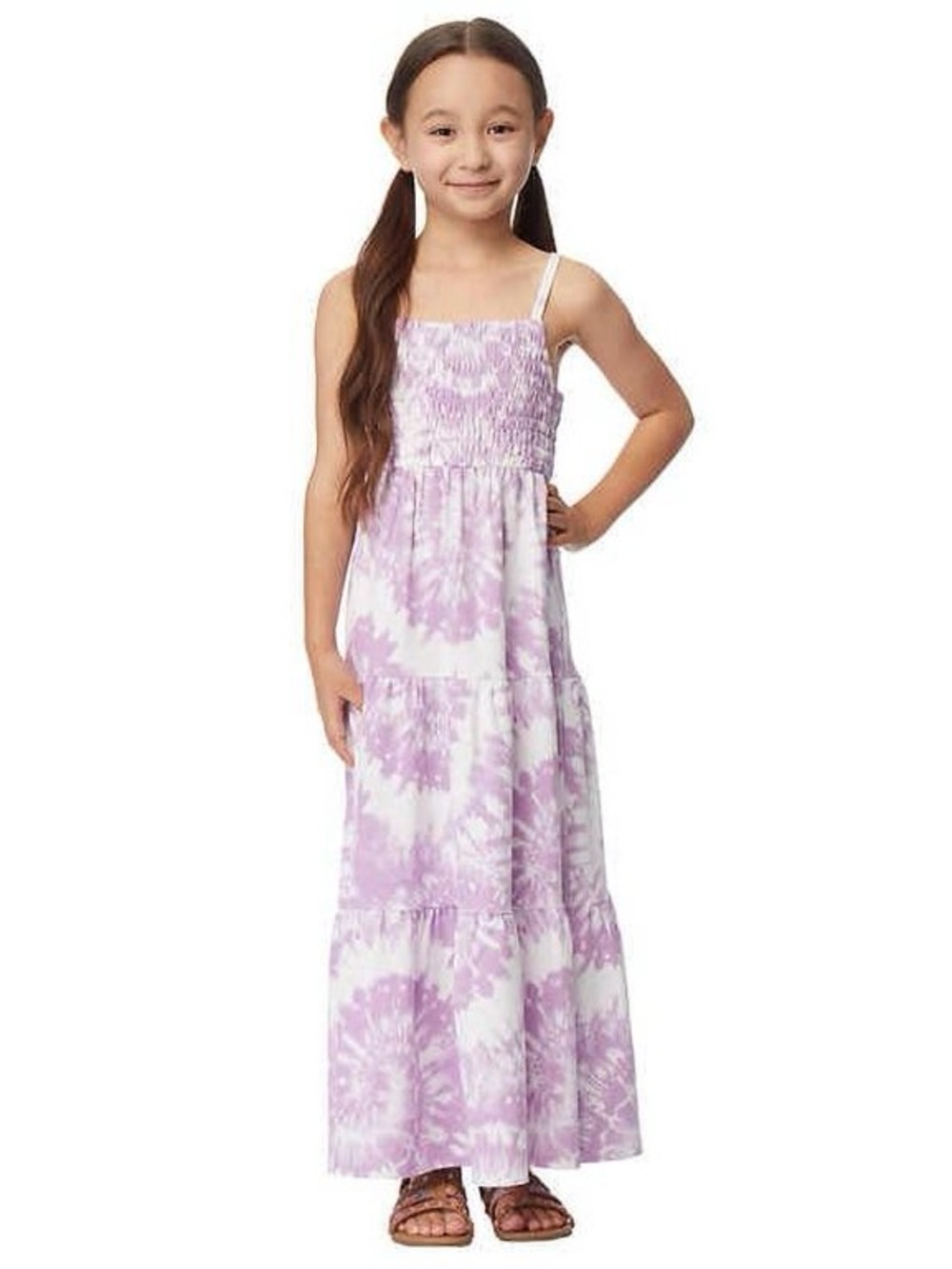 32 Degrees Girls XS (5-6) Purple White Tie Dye Smocked Maxi Dress
